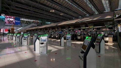 Bangkok, Thailand, 03, July, 2021:
Self-service check-in counters at the airport, terminals for self-ticketing at Bangkok airport