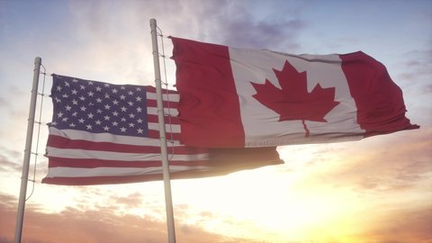 Canada and United States flag on flagpole. Canada and USA waving flag in wind. Canada and United States diplomatic concept