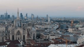 Establishing Aerial Shot of Milan Cathedral Piazza Del Duomo Di Milano And `Milano Skyline At Sunset, 4K Footage in Milan Italy