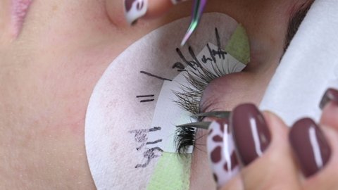 Master of gluing the eyelashes makes the cosmetic procedure, increasing the eyelashes to the client.