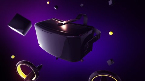3D render of a rotating virtual reality helmet and joysticks manipulators in space with particles on a purple background