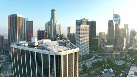 LOS ANGELES, CA, USA - March 15, 2022: Aerial view downtown Los Angeles. Drone shot of LA skyline, modern office buildings, skyscrapers, banks, apartments. Urban life, financial business city center.