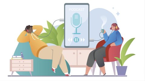 People Listening Audio Podcast video concept. Moving man and woman wearing headphones sitting next to smartphone and listening to interview or music. Relaxation. Gradient Graphic Animated Cartoon