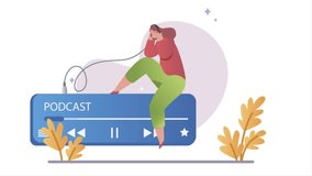 Person Listening Audio Podcast video concept. Young moving woman wearing headphones sits on audio track and listens to her favorite music. Hobby or entertainment. Gradient Graphic Animated Cartoon