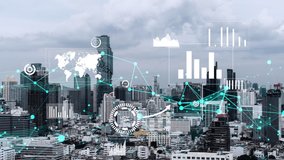 Business data analytic interface fly over smart city showing alteration future of business intelligence. Computer software and artificial intelligence are used to analyze big data for strategic plan . - Powered by Shutterstock - Get 15% off with code: PIKWIZARD15