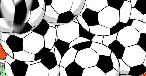Soccer, Football balls. Motion poster. 4k animated Comic book objects moving on abstract comics background. Retro pop art style.