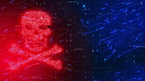 Digital virus skull and crossbones on binary code data theft Digital Background. HACKED. Online Data Breach. Skull Sign Binary Programming Code. Hacker News. Network DDOS Cyber Crime Concept.