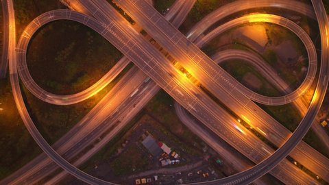 4K UHD : Time lapse Aerial of drone flight over highway at night rush hour traffic. hyperlapse traffic
