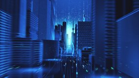 Digital VFX 3D Render of a Futuristic Business City. Camera Flowing Through the Cyber Streets with Technological Interconnected Lines Representing Worldwide Web, Internet Connectivity and Big Data. - Powered by Shutterstock - Get 15% off with code: PIKWIZARD15