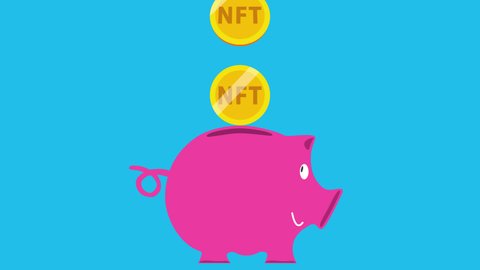 NFT coins falling into a money box. Piggy bank with nft coins. Flat style, seamless loop animation