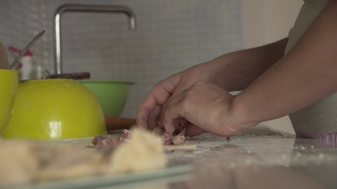 Close Up Female Hands Makes Dumplings With Minced Meat. Female Cook Quickly and Skillfully Makes Dumplings, Making Pork Meat Dumpling at Home. Traditional Russian Cuisine.