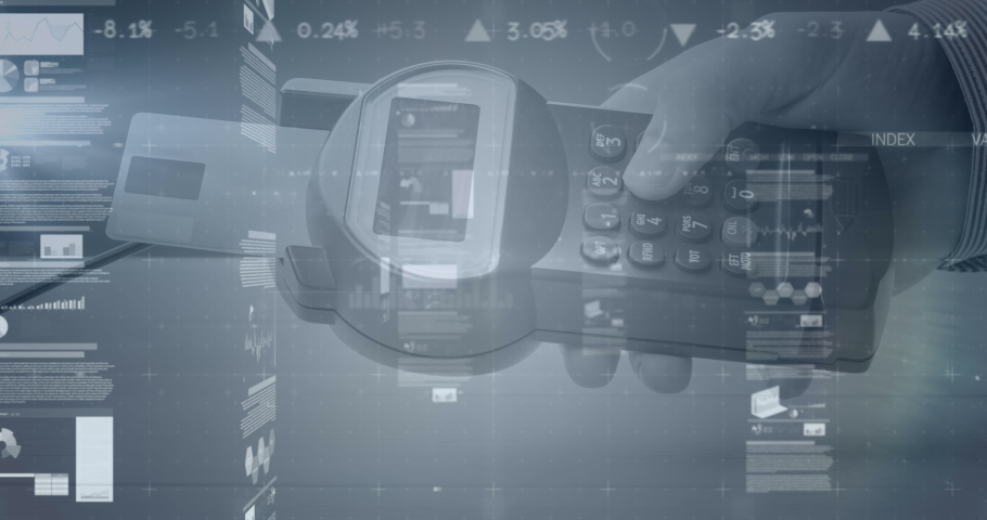 Animation of graphs and financial data over hand of caucasian man holding payment terminal. finance, economy, contactless payments and technology concept digitally generated video.