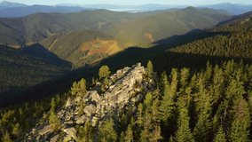 Breathtaking aerial footage of a mountain rock covered with coniferous forest. Bird's eye view. Carpathian National Park, Ukraine, Europe. Cinematic drone shot. Filmed in UHD 4k video. Beauty earth.