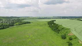 Great views of green meadows and farmland in summer. Footage from a bird's eye view. Location place agrarian region of Ukraine, Europe. Cinematic drone shot. Filmed in UHD 4k video. Beauty of earth.