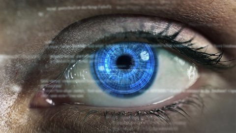 
Macro Shot Of Young Female Blue Eye With Hi Tech Futuristic Sophisticated Technology Hud Application With Augmented Reality Holograms. Internet Of Things, Surveillance System.