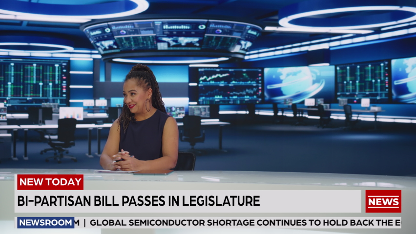 Beginning of TV Live News Program with Professional Black Female Presenter Reporting. Television Cable Channel Expert Anchorwoman Talks. Mock-up Network Broadcasting Playback in Newsroom Studio. Wide