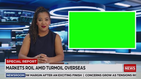 Newsroom TV Studio Live News Program: Expert Black Female Presenter Reporting, Green Screen Chroma Key Screen Picture. Television Cable Channel Anchor Woman Talks. Network Broadcast Mock-up Playback