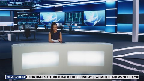 TV Live News Program with Professional Black Female Presenter Reporting. Television Cable Channel Expert Anchorwoman Talks. Mock-up Network Broadcasting Playback in Newsroom Studio. Wide Shot