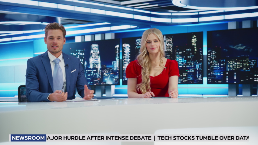 TV Studio Live News Program: Black Female Presenter Reporting, Green Screen Chroma Key Screen. Television Cable Channel Anchor Talks. Network Broadcast Newsroom Studio TV Show. Mockup Playback