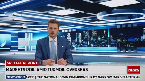 TV Live News Program: White Male Presenter Reporting On the Events, Science, Politics, Economy. Television Cable Channel Newsroom Studio: Anchorman Talks. Broadcasting Network with Mock-up Playback