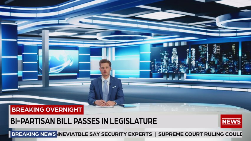 Beginning of TV Live News Program: Presenter Reporting On the Events, Science, Politics, Economy, Running Line. Television Cable Channel Newsroom Studio: Anchorman Talks. Broadcasting Network Playback