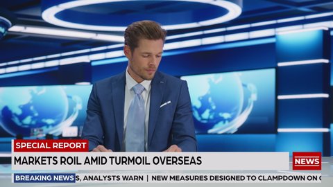 TV Live News Program with Male Presenter Reporting News of the Day. Television Cable Channel Anchorman or Host Talking. Network Broadcast Playback. Mock-up Newsroom Studio. Medium Static Shot