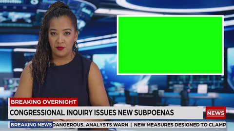 Newsroom TV Studio Live News Program: Black Female Presenter Reporting, Green Screen Chroma Key Screen Picture. Television Cable Channel Anchor Woman Talks. Network Broadcast Mock-up Playback. Static