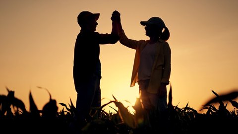 Teamwork. Agricultural business concept. Agronomists concluding a contract with a handshake. Two farmer agronomists at sunset teamwork. Conclusion of contract in agriculture. Handshake in a cornfield
