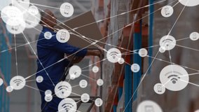 Animation of network of connections with icons over caucasian male worker in warehouse. global business and digital interface concept digitally generated video. - Powered by Shutterstock - Get 15% off with code: PIKWIZARD15