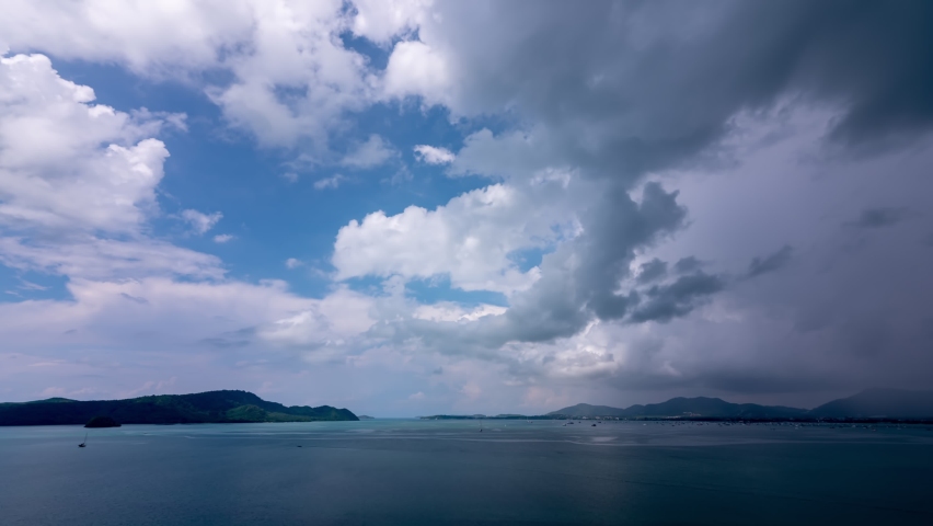 Building motions storm clouds.Dark clouds sky time lapse. Raining storm clouds over sea. Cloudscape timelapse Abstract background worship christian concept and Global warming Nature environment