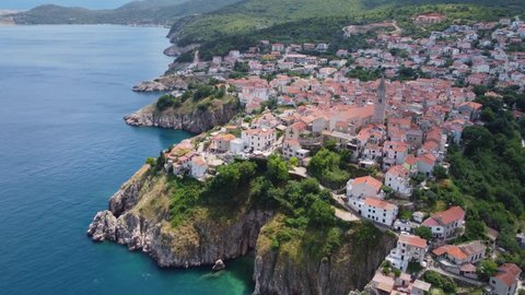 Aerial view of Croatian coastline town of Vrbnik on Krk island in the Adriatic Sea
