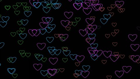 Neon light multicolor love heart shape animation falling on black background.modern border with blank copy space 4K