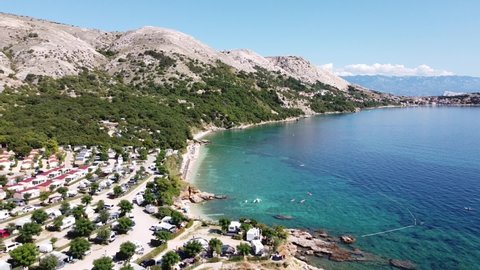 Campsite at Krk Island, Croatia - Aerial Drone View of the Mountains and Coast with Boats, Beaches and Adriatic Sea