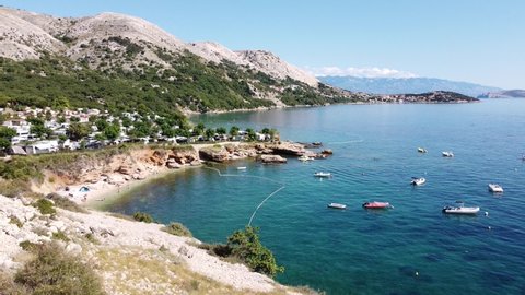 Krk Island, Croatia - Coast of Oprna Bay with Boats, Campsite and Beaches at the Adriatic Sea - Aerial Drone View