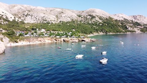 Krk Island, Croatia - Aerial Drone View of the Coast with Boats, Campsite and Beaches at the Adriatic Sea