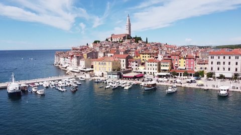 Rovinj at Istria, Croatia - Aerial Drone View of the Cityscape with Boulevard, Port, Boats, Colorfol Houses, Church, Islands and Adriatic Sea