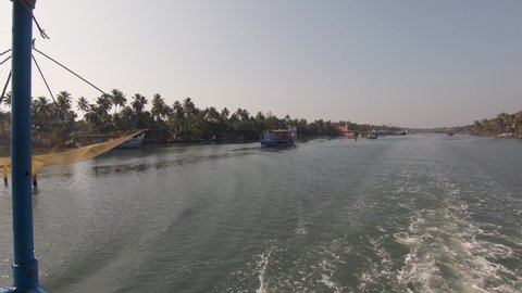 Alappuzha district, traditional waterway, view from a boat navigate on river, Kerala. India