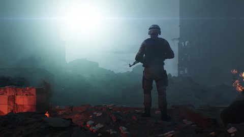 3D render of a soldier in ammunition with a machine, gun standing on the ruins with fire after the bombing of the city at dawn