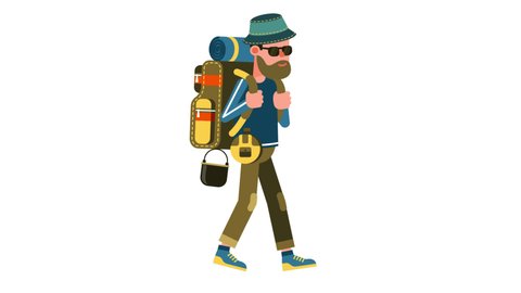 Tourists on a hike. Cartoon hikers with backpack. Backpacker walking 2d animation.