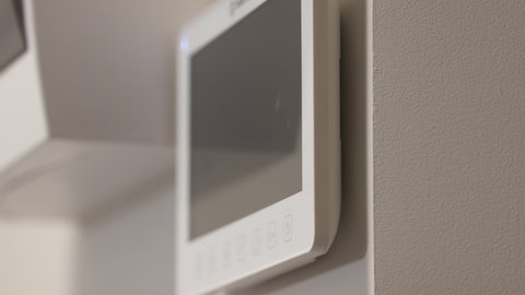 Apartment video intercom system, video doorbell with camera and monitor. Monitoring, unlock. High quality 4k footage