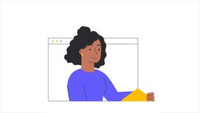 Video call or online communication concept. Moving woman looks out of digital window and holds envelope with letter. Remote discussion or conversation. Graphic animated cartoon in doodle style - Powered by Shutterstock - Get 15% off with code: PIKWIZARD15