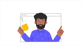 Video call or online communication concept. Bearded moving man with cup of coffee talking to friends remotely. Modern technologies for discussion on Internet. Graphic animated cartoon in doodle style