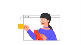 Video call or online communication concept. Young moving woman with cup of hot tea stroking cat and talking to friends in Internet application. Remote meeting. Graphic animated cartoon in doodle style