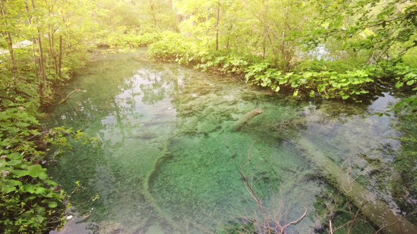 Jetty bridge sunshine on the of Galovacki Buk waterfall of Plitvice Lakes National Park in Croatia in the Lika region. UNESCO World Heritage of Croatia named Plitvicka Jezera.