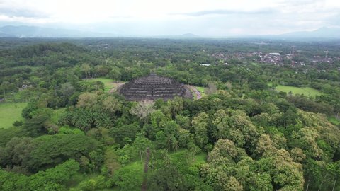Aerial Borobudur Temple, Borobudur Temple is one of the Seven Wonders in the world, Ancient Buddhist temple of Borobudur
