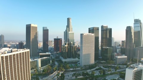 LOS ANGELES, CA, USA - March 15, 2022: Los Angeles drone. Aerial view of LA skyline, modern office buildings, skyscrapers, banks, downtown apartments. modern city in USA. American urban life. 