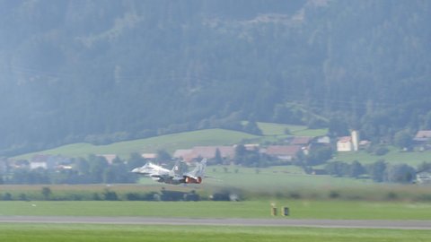 Zeltweg Austria SEPTEMBER, 3, 2016 Fighter jet military plane high speed take off and high performance vertical climb. Mikoyan Gurevich MiG-29 Fulcrum of Polish Air Force