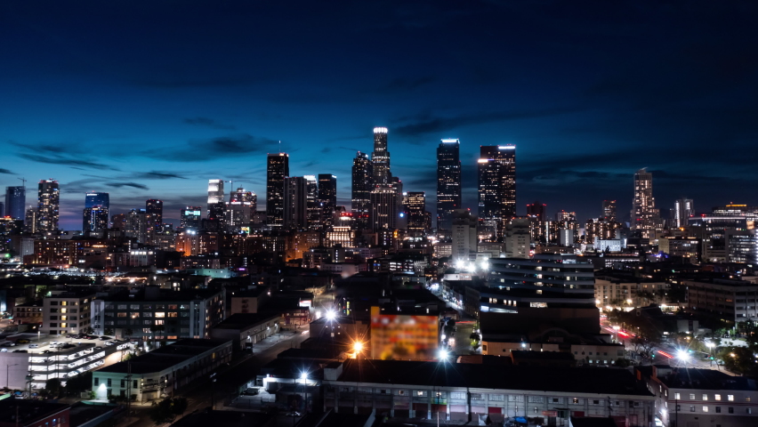 night illuminated flight over Los Angeles city downtown traffic aerial topdown panorama 4k timelapse. 
Los Angeles night evening hyperlapse timelapse buildings skyline downtown Royalty-Free Stock Footage #1088978143