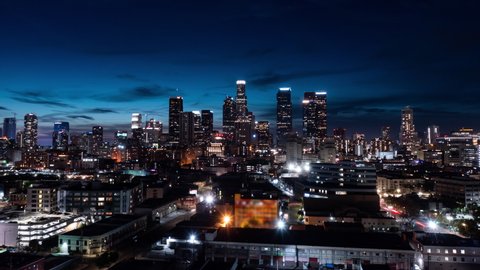 night illuminated flight over Los Angeles city downtown traffic aerial topdown panorama 4k timelapse. 
Los Angeles night evening hyperlapse timelapse buildings skyline downtown
