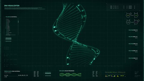Medical diagnostic software is analyzing the DNA double helix at the lab. Medical diagnostic software is scanning the DNA Spiral. Medical diagnostic software collects genetic data from the spiral.